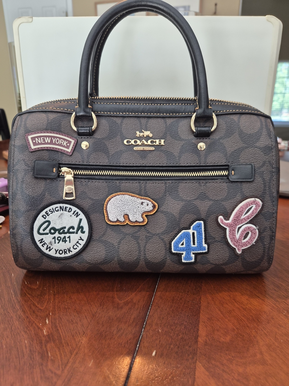 COACH Brown Signature Canvas Mini Bennett Patch Satchel with Varisty/Ski Patches